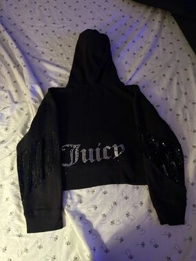 Juicy Couture Black Rhinestone Logo Cropped Hoodie with Sequin Panels